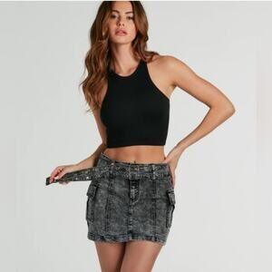 Windsor Belted Denim Mini Skirt Black Acid Wash Medium